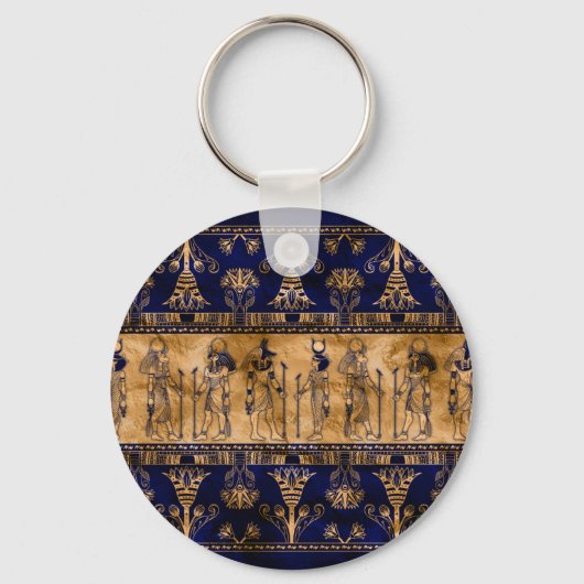 エジプトの神々と装飾縁ど品 – 青い金ゴールド キーホルダー (正面)