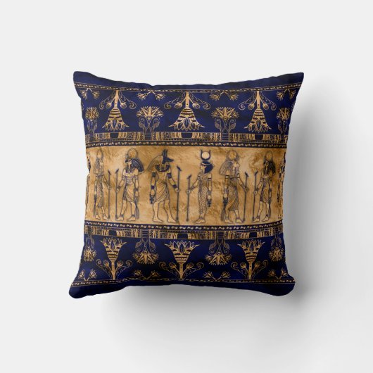 エジプトの神々と装飾縁ど品 – 青い金ゴールド クッション (裏面)