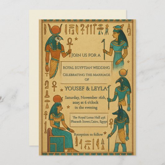 エジプトの神々のヒエログリフ結婚金ゴールド 招待状 (正面/裏面)