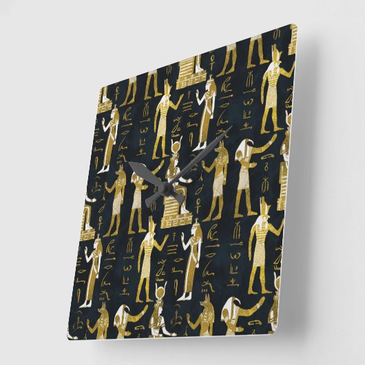 エジプトの神々の金ゴールドとダークガラスの白 スクエア壁時計 (傾斜)