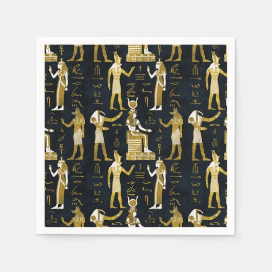 エジプトの神々の金ゴールドとダークガラスの白 スタンダードカクテルナプキン (正面)