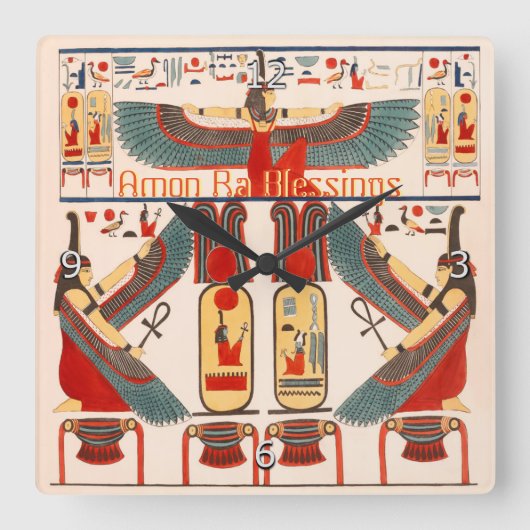 エジプトの神アモン・ラ、幸運のヒエログリフィクス スクエア壁時計 (正面)