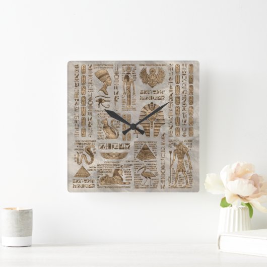 エジプトの絵文字と神 – ヴィンテージ金ゴールド スクエア壁時計 (ホーム)