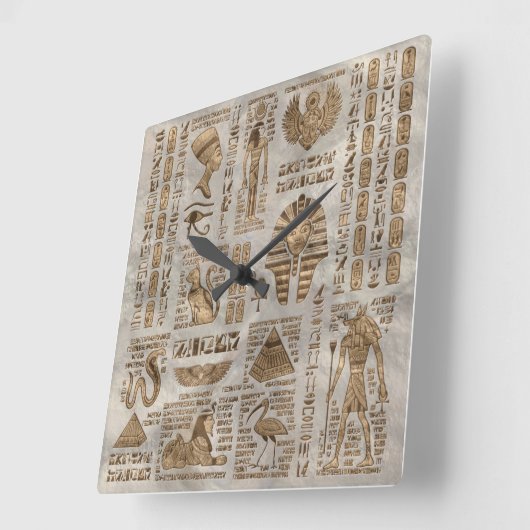 エジプトの絵文字と神 – ヴィンテージ金ゴールド スクエア壁時計 (傾斜)