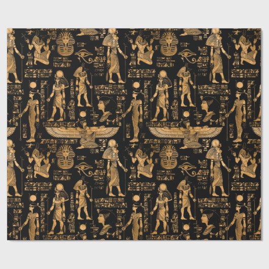 エジプトの象形文字と神々の金ゴールドと黒 ラッピングペーパー (フラット)