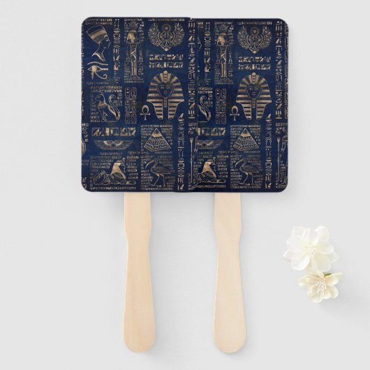 エジプトの象形文字と神 – 大理石の金ゴールド ハンドファン (正面&裏面)