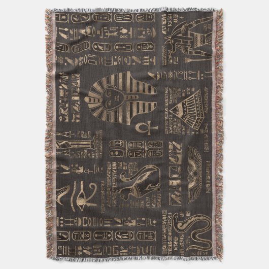 エジプトの象形文字と神 – 木の金ゴールド スローブランケット (正面縦)
