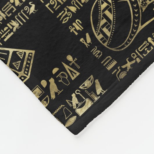 エジプトの象形文字と黒の神の金ゴールド フリースブランケット (角)