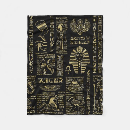 エジプトの象形文字と黒の神の金ゴールド フリースブランケット (正面)