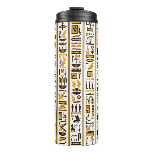 エジプトの象形文字の黄色と黒のシームレスな色 タンブラー (正面)