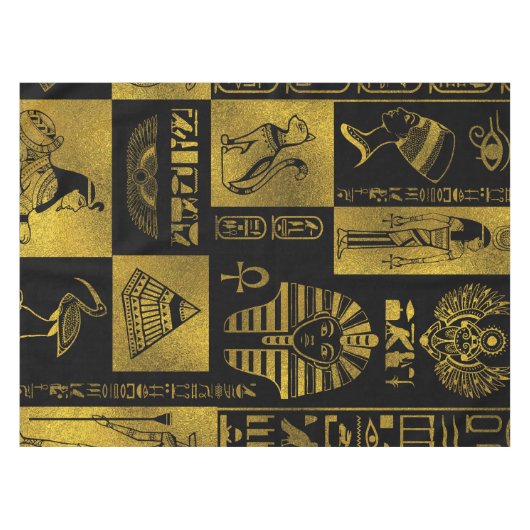 エジプトの金ゴールドのヒエログリフおよび記号のコラージュ テーブルクロス (正面(横))