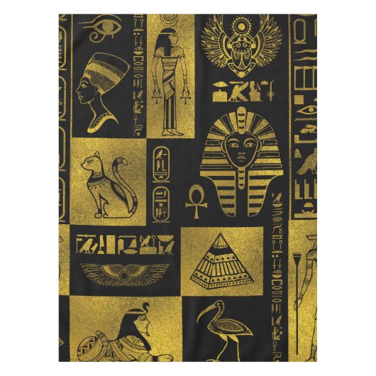 エジプトの金ゴールドのヒエログリフおよび記号のコラージュ テーブルクロス (正面)