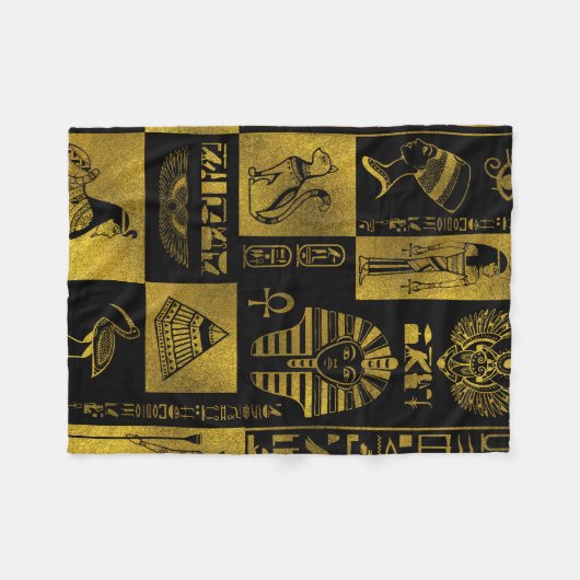 エジプトの金ゴールドのヒエログリフおよび記号のコラージュ フリースブランケット (正面(横))