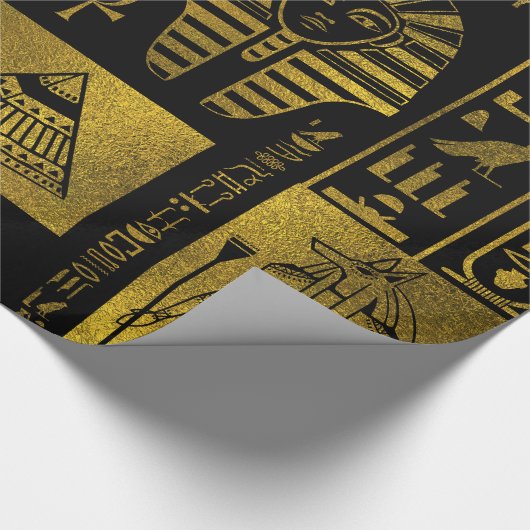 エジプトの金ゴールドのヒエログリフおよび記号のコラージュ ラッピングペーパー (角)
