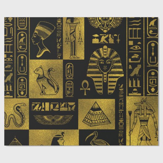 エジプトの金ゴールドのヒエログリフおよび記号のコラージュ ラッピングペーパー (フラット)