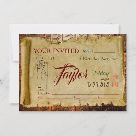 エジプトをテーマにしたパーティの招待状フラットカード (裏面)