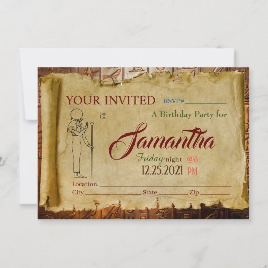 エジプトをテーマにしたパーティの招待状フラットカード (裏面)