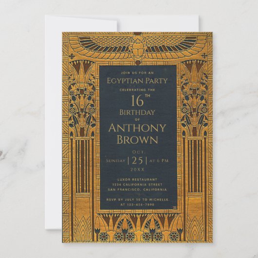 エジプトをテーマにした誕生日エレガント金ゴールドブルーヴィンテージ 招待状 (正面)