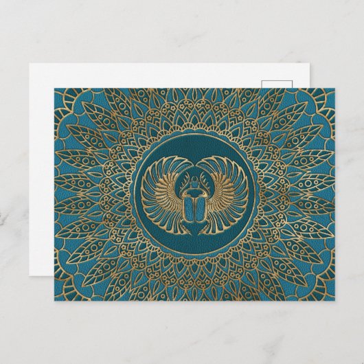 エジプトスカラブカブトムシ金ゴールドオンティール（緑がかった色）レザー ポストカード (正面/裏面)