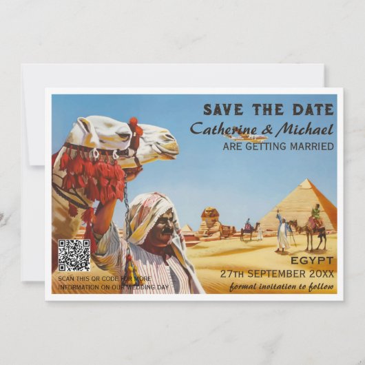 エジプトヴィンテージ結婚旅行ポスタースタイルQRコード セーブザデート (正面)