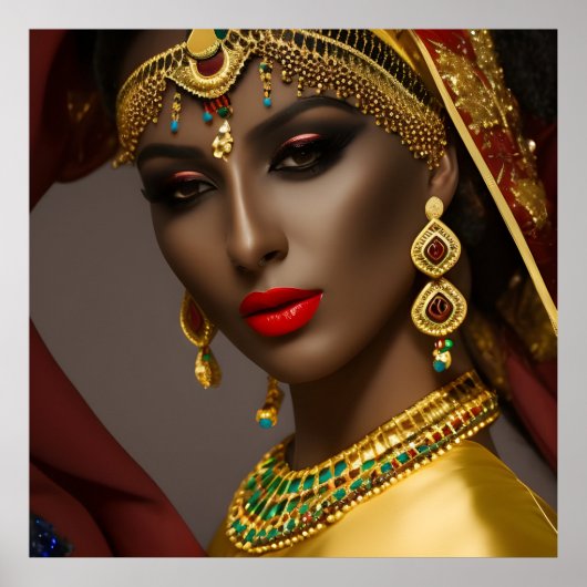 エジプト人女性エキゾチックなヘッドスカーフ金ゴールドグリーンブルー ポスター (正面)