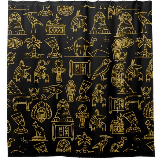 エジプト文字の記号パターン シャワーカーテン (正面)