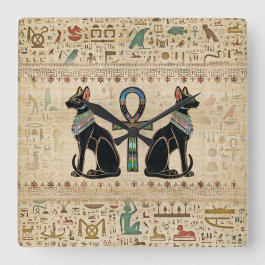 エジプト猫とアンクロス スクエア壁時計 (正面)