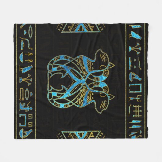 エジプト猫の金ゴールドおよび青のステンドグラス フリースブランケット (正面(横))