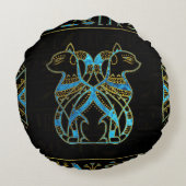 エジプト猫の金ゴールドおよび青のステンドグラス ラウンドクッション (裏面)