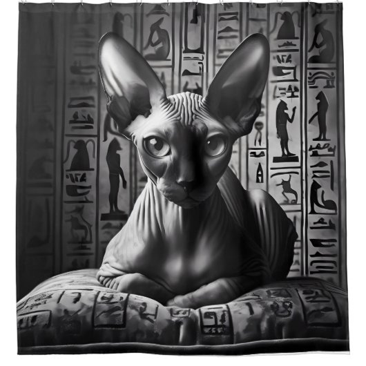 エジプト猫アート白黒フォトバスルーム シャワーカーテン (正面)
