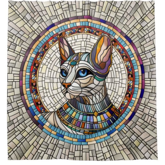 エジプト猫 – モザイクアート シャワーカーテン (正面)