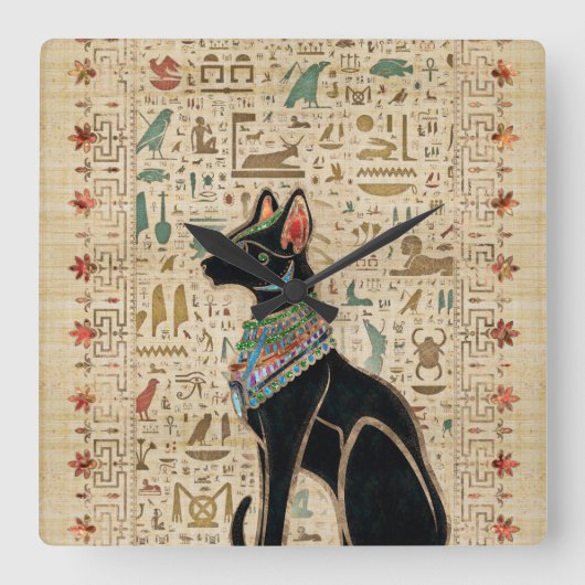 エジプト猫 – Bastet on papyrus スクエア壁時計 (正面)