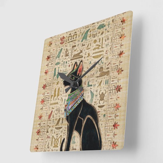 エジプト猫 – Bastet on papyrus スクエア壁時計 (傾斜)