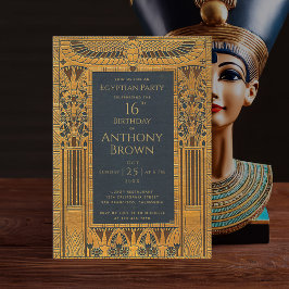 エジプト風テーマの誕生日・エレガントなゴールドとブルーのヴィンテージ 招待状