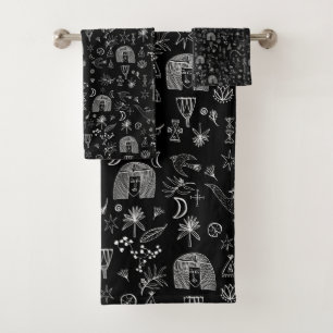 エジプト魔法シンボルパターン白黒 バスタオルセット