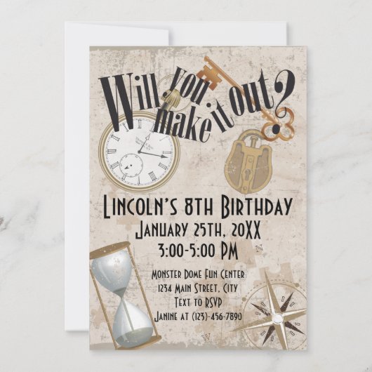 エスケープルームゲームパーソナライズされた誕生日パーティー 招待状 (裏面)