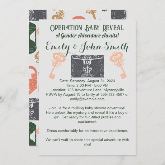 エスケープルームジェンダー明らかに赤ちゃんシャワーグレー 招待状 (正面/裏面)