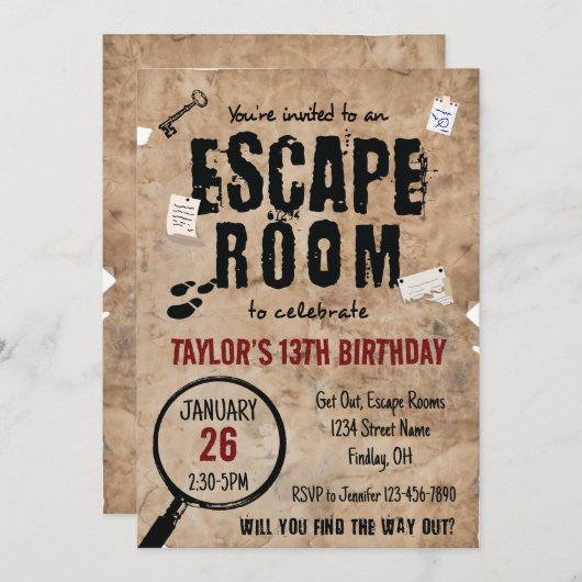エスケープルームハインズバースデーパーティー、任意の年齢 招待状 (正面/裏面)