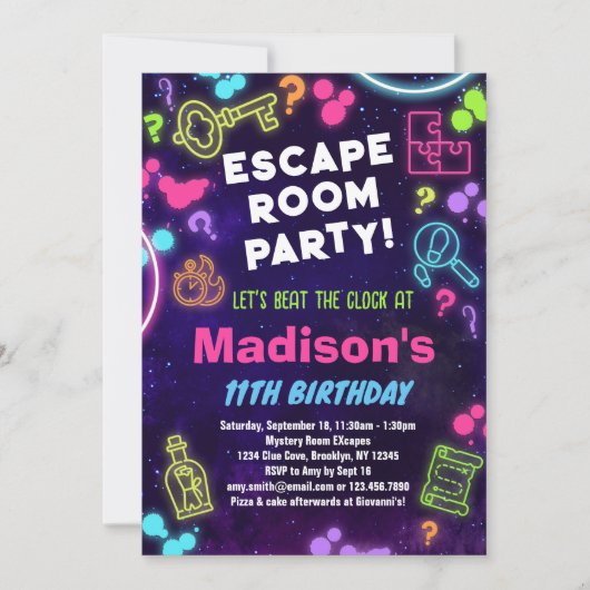 エスケープルームバースデーパーティーの招子供へ待 招待状 (正面)