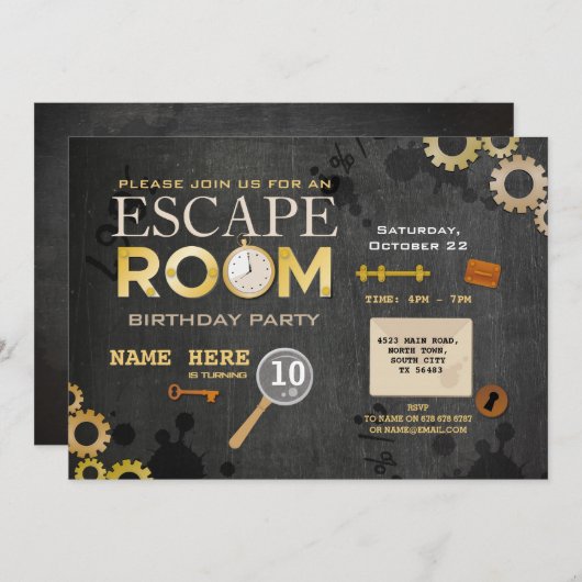 エスケープルームバースデーパーティー手がかりコグ鍵写真 招待状 (正面/裏面)