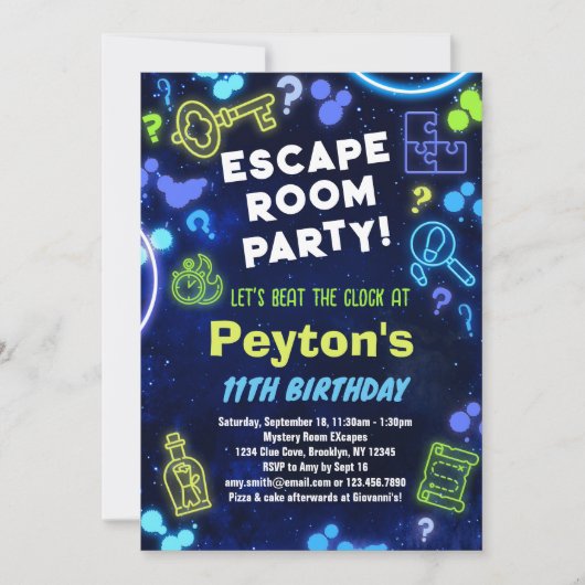 エスケープルームバースデーパーティー招待ブルーグリーン 招待状 (正面)