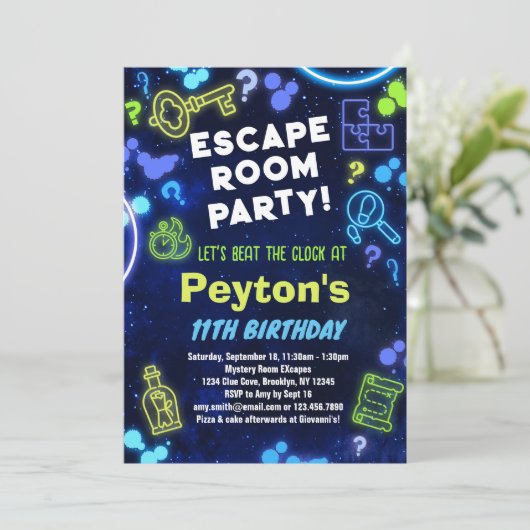 エスケープルームバースデーパーティー招待ブルーグリーン 招待状 (スタンド正面)