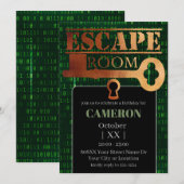 エスケープルームパーティーロックと鍵グリーンバイナリコード 招待状 (正面/裏面)
