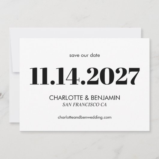 エステはっきりしたティックブラックとホワイトタイポグラフィモダン セーブザデート (正面)