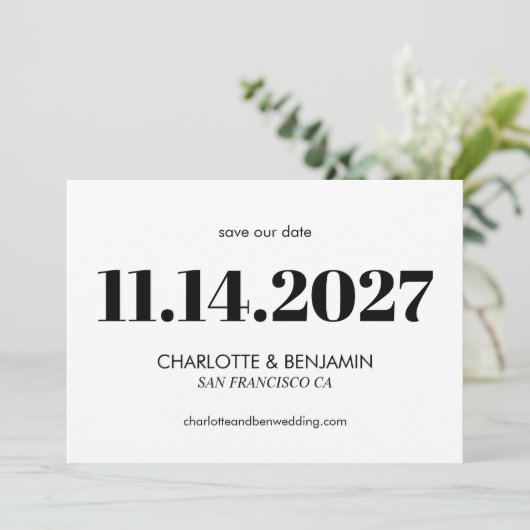 エステはっきりしたティックブラックとホワイトタイポグラフィモダン セーブザデート (スタンド正面)