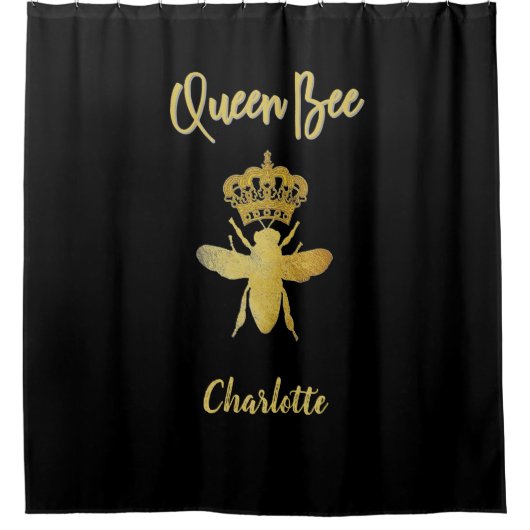 エステカスタマイズティッククイーンビー金ゴールド&ブラックモダン シャワーカーテン (正面)