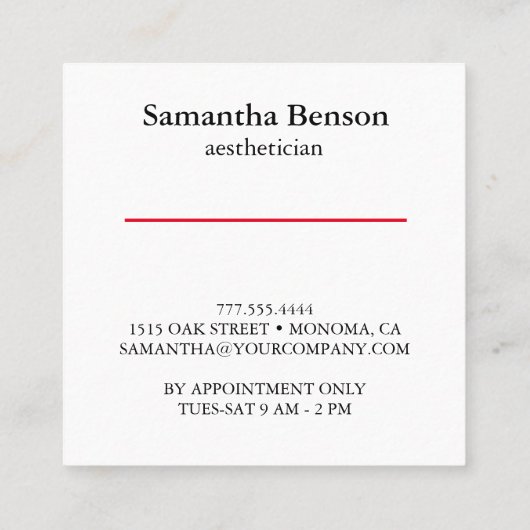 エステティシャンまたはメイクアップアーティスト赤い唇 スクエア名刺 (裏面)
