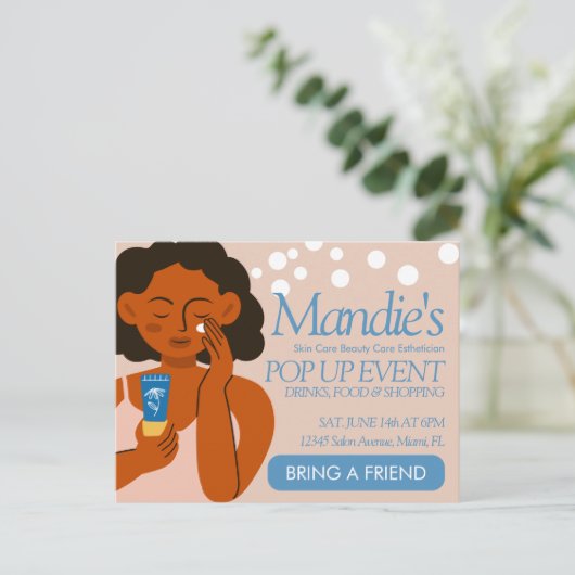 エステティシャンサロンアップポップ・アートのイベントブルー ポストカード (スタンド正面)