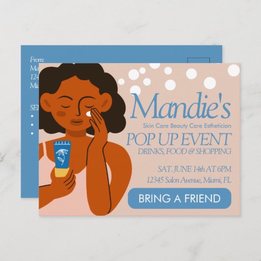 エステティシャンサロンアップポップ・アートのイベントブルー ポストカード (正面/裏面)