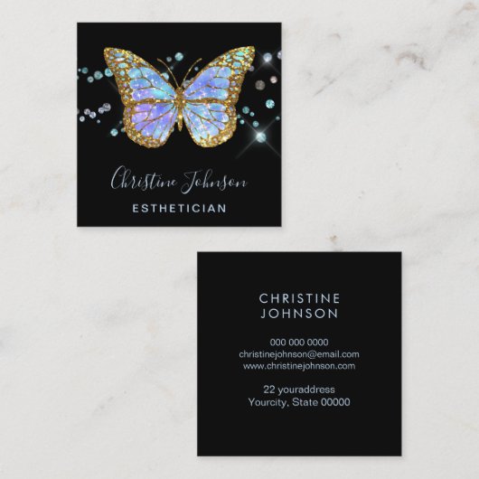 エステティシャンフェイクグリッターブルーバタフライデザイン スクエア名刺 (正面/裏面)